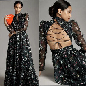 NEW Mac Duggal 67942 Lace Up Back Black Floral Gown Sz 0